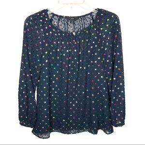 J. Crew Rainbow Polka Dot Popover Blouse Navy XS